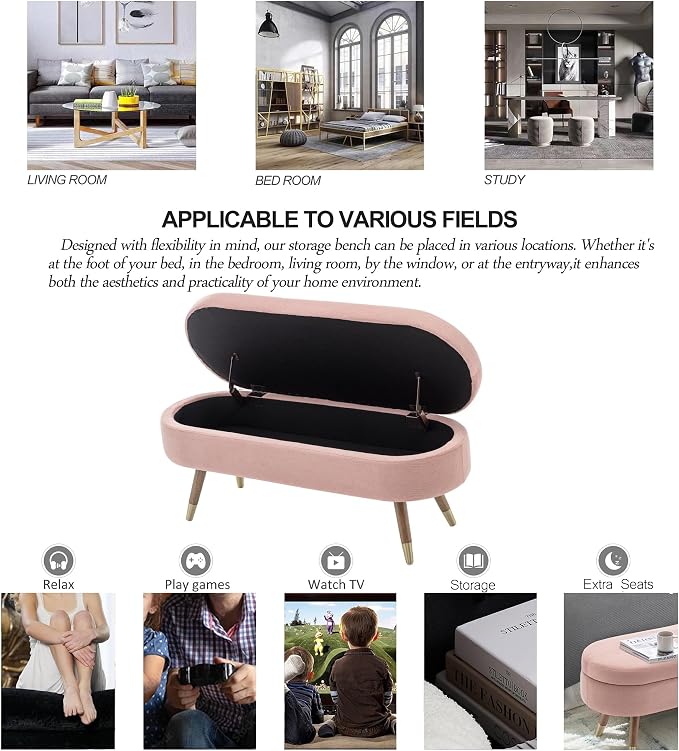 IAFIKE Oval Storage Bench 43.5" Ottoman Bench Upholstered Boucle Fabric Footrest Bench with Golden Metal Legs End of Bed for Bedroom, Living Room, Entryway,Bed Side (Pink) - Image 7