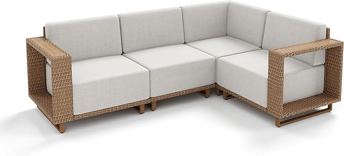 Outdoor Patio Furniture Set, 4 Piece Outdoor Rattan Wicker Modular Sofa Couch Set, Sectional Conversation Set with 10" Extra Thick Cushions for Deck Backyard Lawn