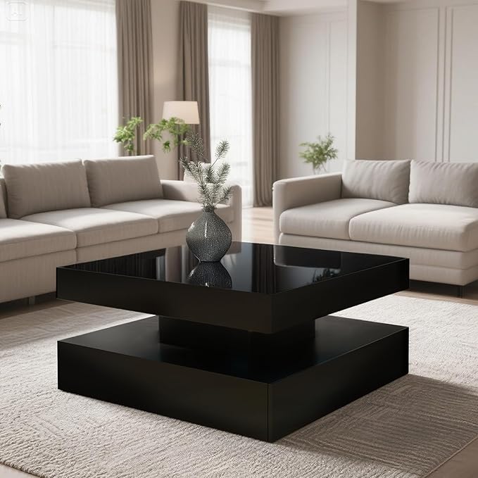 LED Coffee Table for Living Room, 2-Tier Modern Square Center Table with Music Sync Lights, High Gloss Surface, 30 3/4" x 30 3/4" (Black)