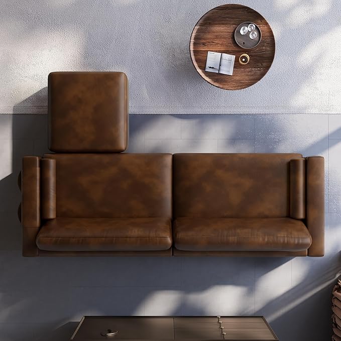 Vesgantti 100" PU Faux Leather Couch with Movable Ottoman, Large 2 Seater L Shaped Leather Sectional Sofa with Side Pocket, Comfy Mid Century Modern Modular Sofa for Living Room, Apartment, Cocoa