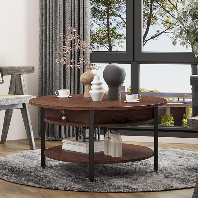 FABATO Round Lift Top Coffee Table with Storage and Hidden Compartment, 26.77'' Farmhouse Coffee Table for Living Room Reception Room, 2 Tier Small Round Coffee Table Circle Dining Table, Espresso