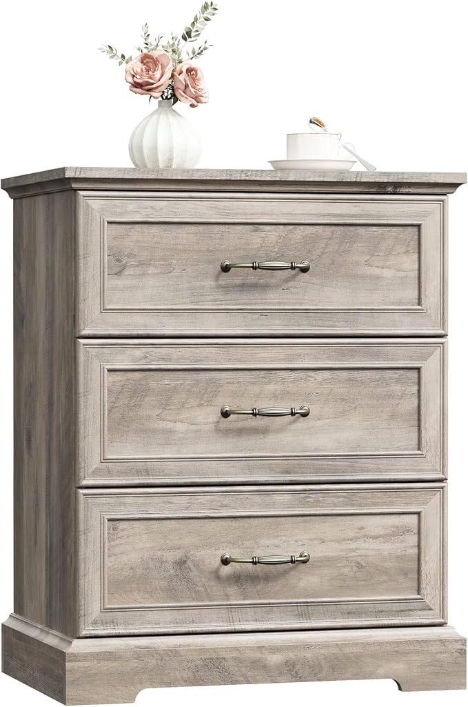 Nightstand with 3 Large Drawers,24" Wide End Table with Metal Handles,Rustic Farmhouse Wood Small Dresser,Bedside Table,Modern Chest of Drawers for Bedroom,Living Room,Grey - Image 6