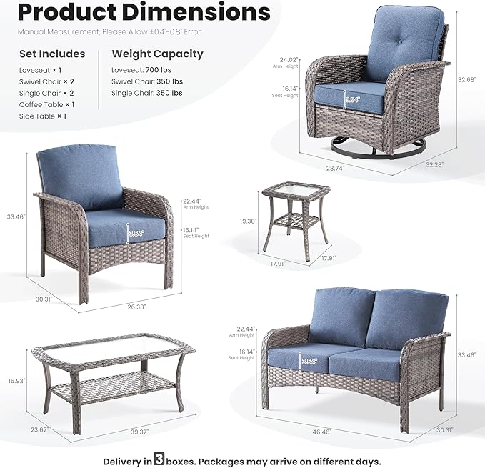 ovios 7-Piece Patio Furniture Set, Outdoor Wicker Sofa with Swivel Chairs Coffee Table, High Back Rattan Couch Loveseat with Comfy Cushions for Porch Yard Deck, Denim Blue