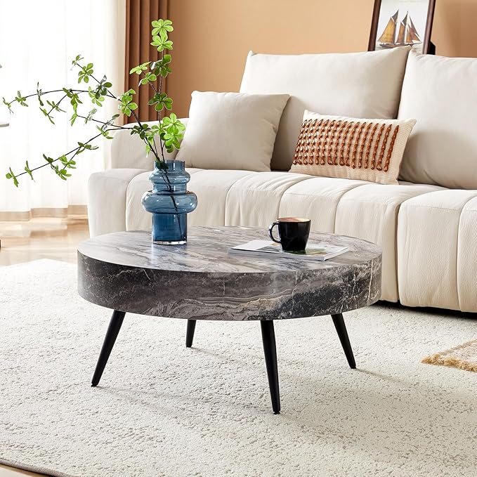 Round Coffee Table, Small Wood Marble Coffee Table with Storage, Modern Mid Century Circle Tables Accent Center Tables for Living Room Apartment Small Space (31.5''D-Marble Grey)