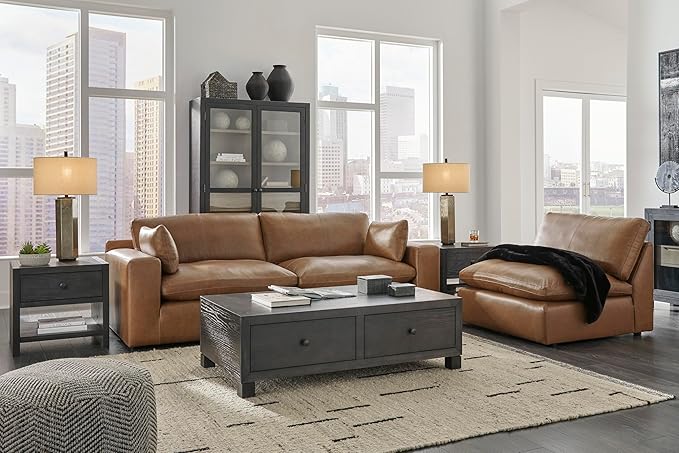 Signature Design by Ashley Emilia Modern Leather Match 2-Piece Sectional Loveseat with Loose Back Cushions and 2 Bolster Pillows, Light Brown
