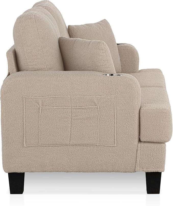 Homes: Inside + Out Reese Modern Plush Boucle Comfortable Loveseat with Side Pockets, Cup Holders and Pillows, Wooden Soft Couch for Living Room, Bedroom and Office, Beige