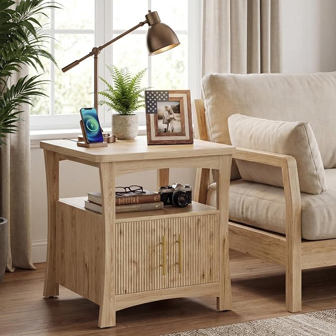 LIKIMIO Nightstand with Charging Station, Wood Night Stand, 23.6inch Large Bedside Table with Storage, End Table for Bedroom, Oak - Image 9