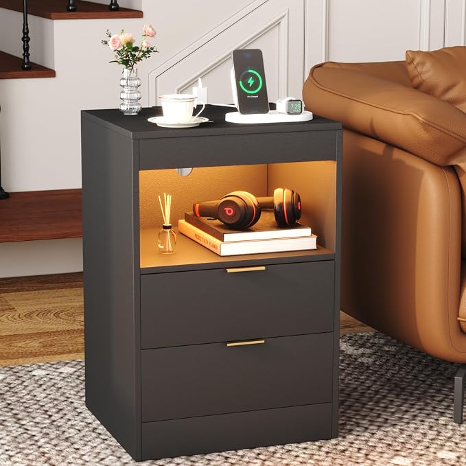 Yusong Night Stand with Gun Drawer & Invisible Lock, Bedside Table, LED Nightstand with Charging Station, Modern Night Stand, Wood Sofa Couch End Side Table with 2 Pull-Out Shelf (Black 002) - Image 9