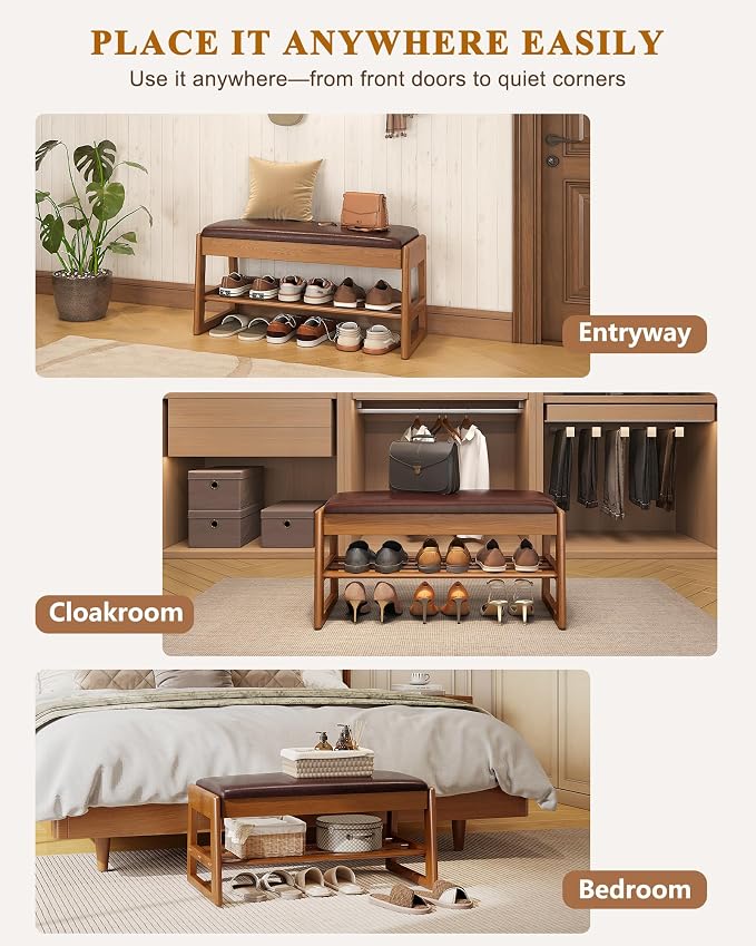 Shoe Rack Bench with Hidden Storage, 2-Tier Solid Rubberwood Entryway Bench with Soft Leather Cushioned Seat & Flip-Top Storage, 330lbs Capacity, Wooden Shoe Organizer for Hallway, Closet, Foyer - Image 9
