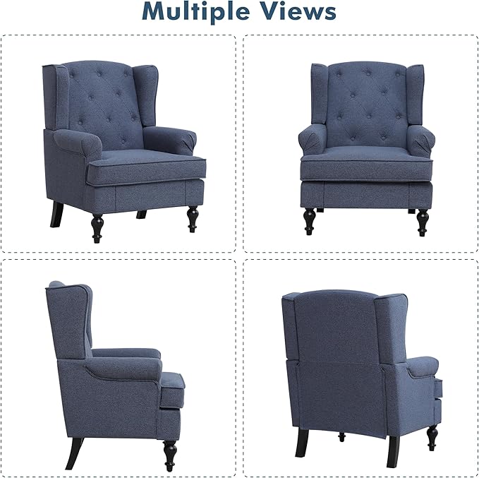 Accent Chair for Living Room, Mid Century Modern Upholstered Armchair, Wingback Chair with Tufted High Back and Solid Legs, Comfy Single Sofa Side Chairs for Bedroom, Blue
