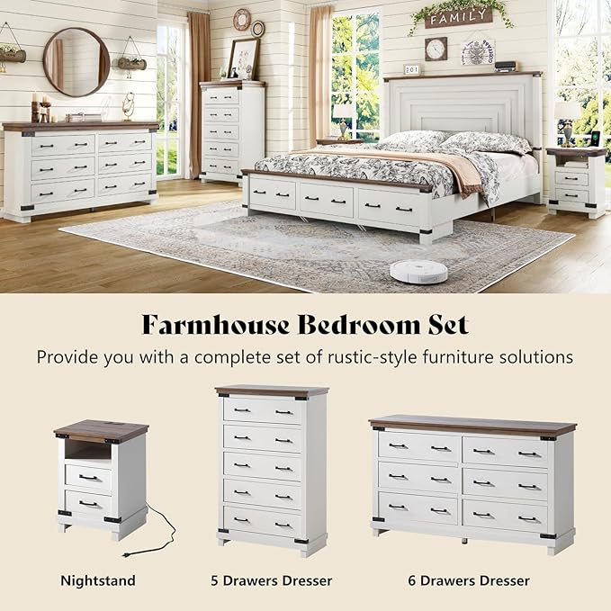 AMERLIFE 2 Pieces Farmhouse Bedroom Set, Includes Wood Rustic King Size Bed Frame with 51" Tall Headboard, 48" Tall 5 Drawers Dresser Chest, Heavy Duty Thick Plank Styling, Antique White