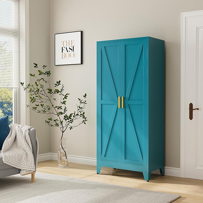 71" Tall Metal Armoire Wardrobe Closet, Clothing Storage Cabinet, Freestanding Wardrobe Cabinet with 4 Adjustable Shelves for Bedroom, Office, Garage