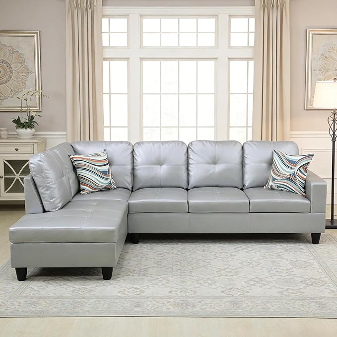 103.5 Inch Modern L-Shaped Couch, PU Leather Sectional Sofa with Chaise Lounge, 4-Seater Couch with Accent Pillows for Living Room, Apartment, Silver