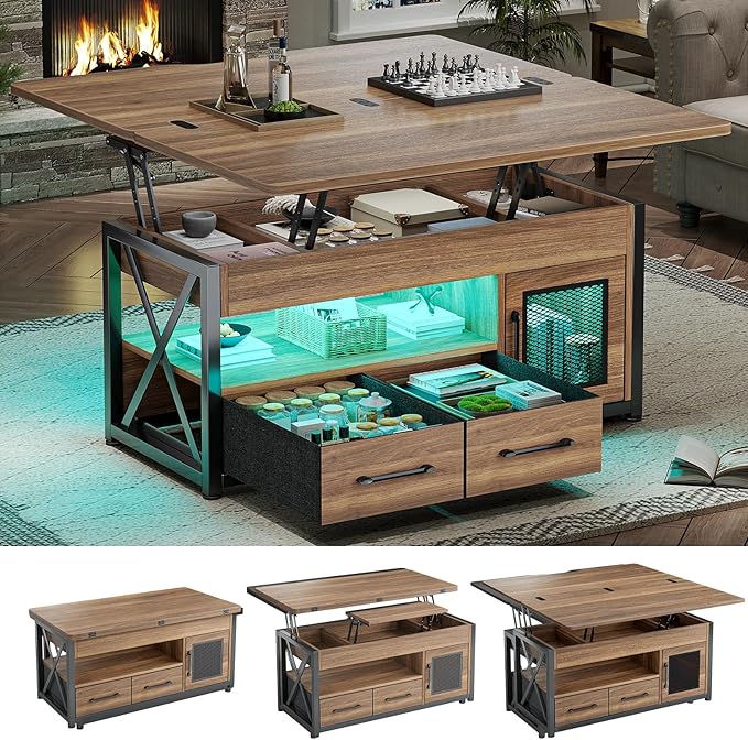 Itaar 40" Lift Top Coffee Table, 4 in 1 Coffee Tables with Storage Cabinet for Living Room, Small Farmhouse Coffee Table with 2 Fabric Drawers & LED Light for Dining Room, Oak Brown