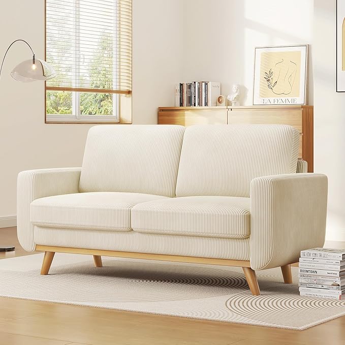 68" Beige Corduroy Loveseat Sofa, Comfy Deep Seat Couch with Spring Cushion & Solid Wood Frame, Modern 2-Seater Sofa for Living Room Bedroom Office