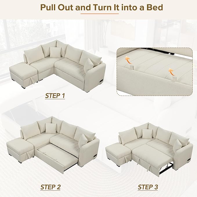 Ball & Cast L-Shaped Sectional Pull Out Sofa with Two USB Ports,4-Seater Convertible Couch w/Power Sockets and Movable Storage Ottoman,for Living Room,Apartment,Beige