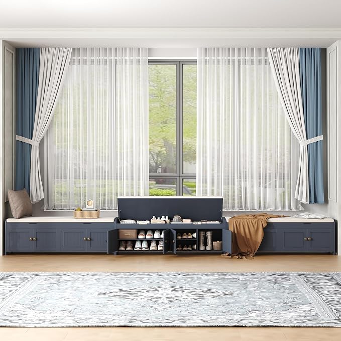 HOMEFORT 54.4" Shoe Bench with Lift Top Storage, Entryway Bench with Cushioned Seat, Wooden End of Bed Bench, Shoe Cabinet Bench with Hidden Storage Space, for Bedroom, Hallway,Blue - Image 9