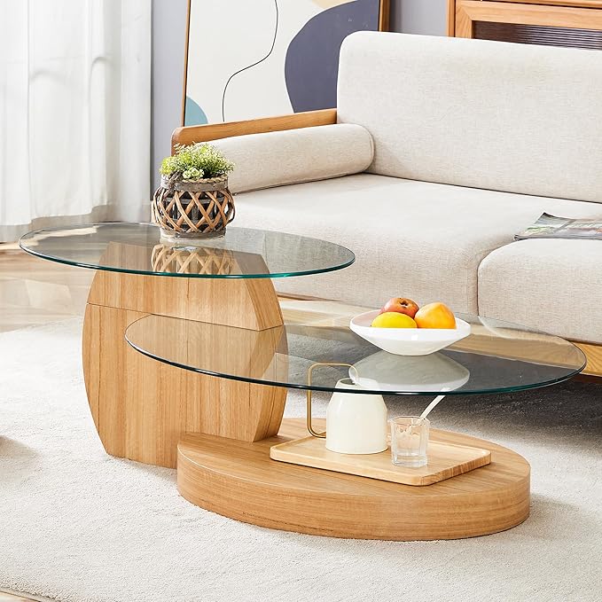 Ebullient Glass Coffee Table, 47" Oval Coffee Table, 2-Tier Glass Tabletop with Light Wood Base, Easy to Maintain and Assemble, Ideal for Dining Room, Living Room