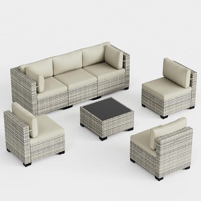 7-Piece Outdoor Patio Furniture Set, PE Wicker Rattan Sectional Sofa Conversation Set with Tempered Glass Table & Thick Cushions - All-Weather Garden, Backyard Furniture, White