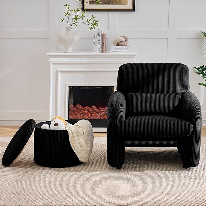 WUTUTUEE Corduroy Storage Ottoman with Flip-Top Tray, Modern Upholstered Ottoman Coffee Table, Dual Leg Options Ottoman Footrest for Living Room, Bedroom, Office, Black