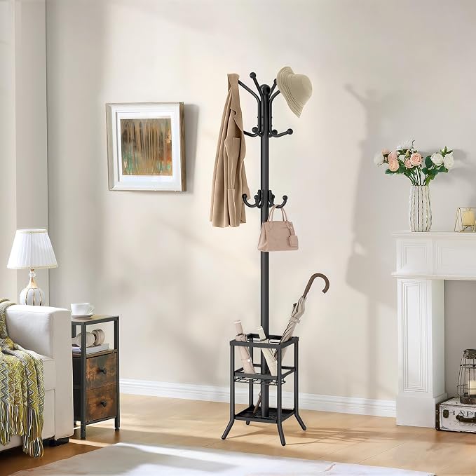 FAVOOSTY Coat Rack Freestanding,Coat Rack Stand with Umbrella Holder,Metal Coat Tree with 12 Hooks,Tree Clothes Hat for Entryway, Hallway, Bedroom, Living Room & Office -Black - Image 9