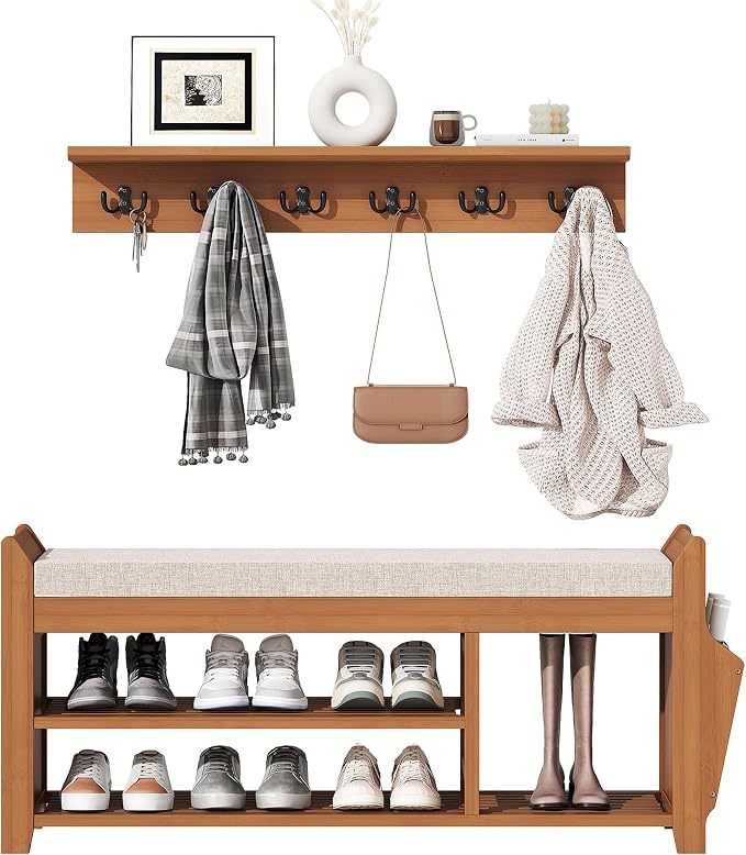 PETKABOO 39.4" Shoe Bench with Coat Rack Hidden Drawer and Side Holder, 2 Tier Entryway Bench with Storage, Bamboo Shoe Rack with Cushion for Entryway Hallway Living Room Bedroom - Image 8