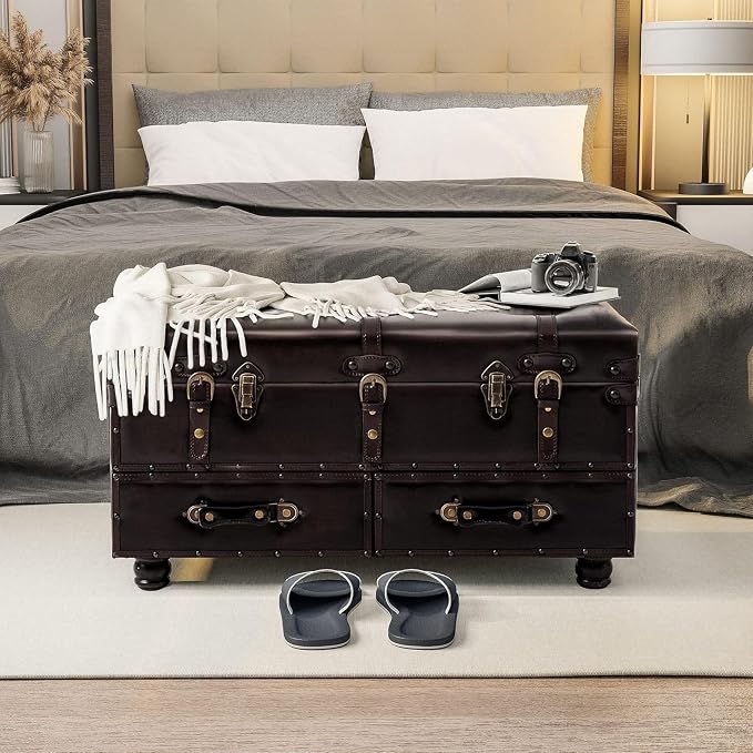 Vintage Storage Bench Upholstered Mid-Century Faux Leather Storage Ottoman Bed Bench Storage Chest for Hallway, Entryway, Bedroom, Dark Brown - Image 8