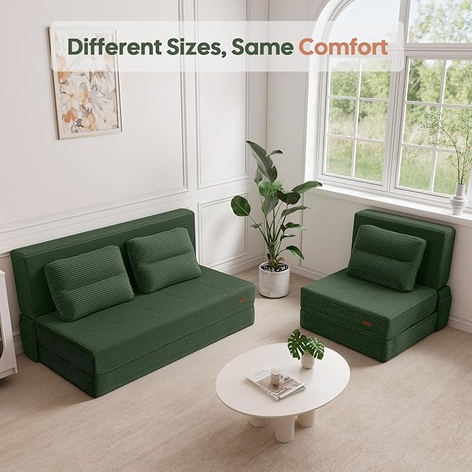 COMAX Folding Sofa Bed, Foldable Couch for Bedroom, Convertible Floor Sleeper Futon Chair Foam, Corduroy 3 in 1 Fold Out Chair Portable Comfy Lounge Couch Sofa Bed for Small Space, Full, Green
