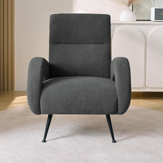 Corduroy Living Room Accent Chairs, Comfy High Back Reading Chair with Curved Arms and Solid Legs, Upholstered Armchair for Bedroom, Reading Nook, Apartment, Dark Grey