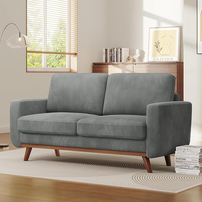 68" Dark Gray Corduroy Loveseat Sofa, Comfy Deep Seat Couch with Spring Cushion & Solid Wood Frame, Modern 2-Seater Sofa for Living Room Bedroom Office