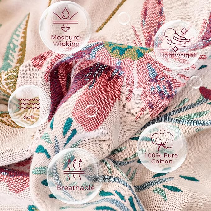 LUTBM Boho Throw Blanket for Bed Cotton Spring Blankets Bedroom Living Room Twin All Season Lightweight Floral Embroidery Quilt for Couch Sofa Chair 60"x80"