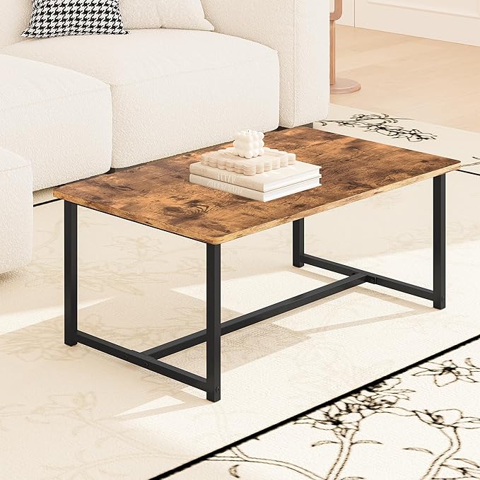 Coffee Table for Living Room, Modern Rectangular Center Coffee Tables for Small Space, Industrial Furniture, Sofa End Tables/Tea Table/Center Table, Couch Table with Metal Black Frame Rustic Brown