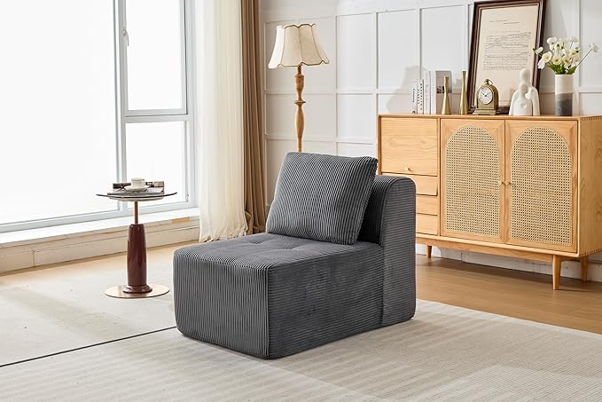 Modular Sectional Sofa, Boneless Couches for Living Room, Corduroy Couch, Big Comfy Couch, Modular Cloud Sofa with Deep Seat (Grey, 1 Piece-Middle Seat)