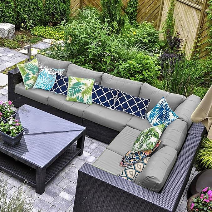JMGBird Water-Resistant Outdoor Pillows Set of 2, 12x20 inch Durable Navy Blue Grid Pattern Throw Pillows with Inserts for Patio Furniture