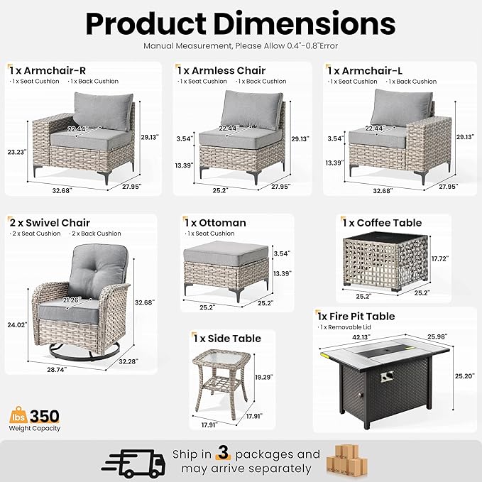 ovios 9-Piece Patio Furniture Set with L-Shape Sofa Chaise, Outdoor Sectional Couch Swivel Gliders Fire Pit Table Solar Table, Modern Modular Wicker Rattan Conversation Set, Dark Grey