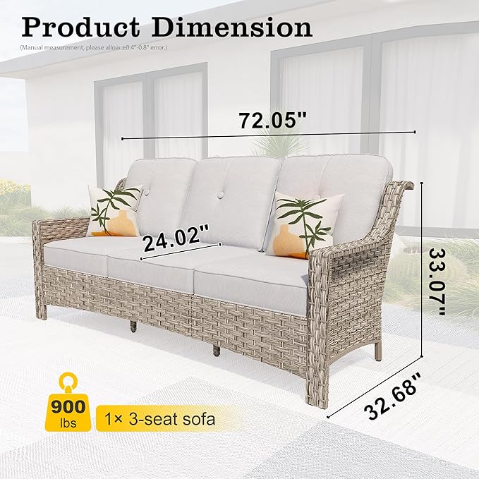 HOOOWOOO Patio Couch,Outdoor Wicker 3 Seater Sofa,All Weather Resistant High Back Rattan Deck Matching Furniture(Light Grey Gray)