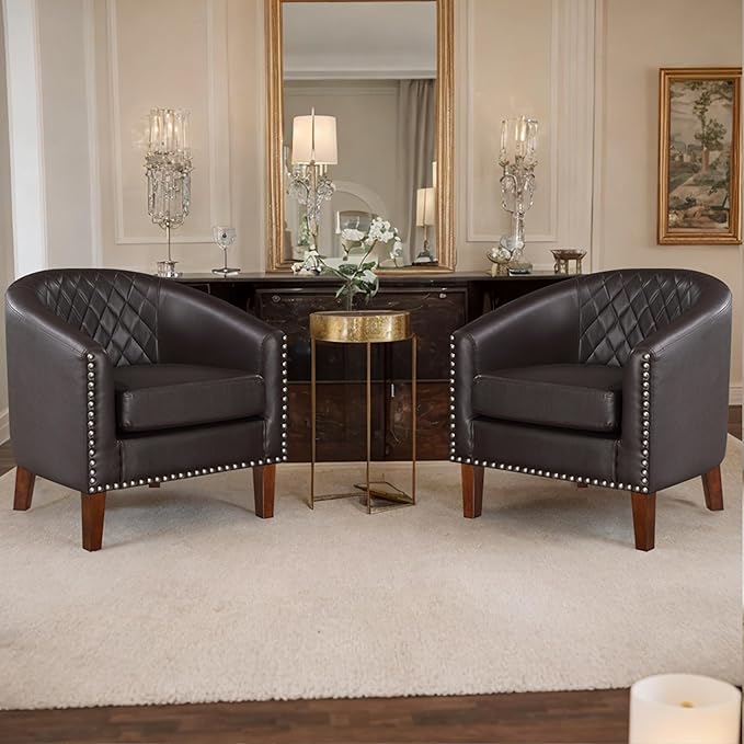 Prilinex Comfy Barrel Accent Chair - Faux Leather Living Room Chair Club Chair with Cushion, Diamond Grid Backrest & Nailhead Trim, Guest Chair for Office, Bedroom & Waiting Room, Brown