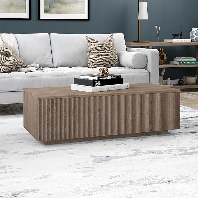 Henn&Hart 48" Fluted Rectangular Low-Profile Coffee Table with Ribbed Sides for Living Room, Family Room, or Office, Weathered Gray