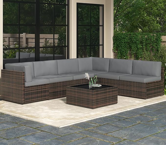 AECOJOY 7 Piece Outdoor Patio Furniture Set, Outdoor Sectional Conversation Furniture Chair with Coffee Table,Patio Sectional for Garden,Backyard(Dark Grey Cushions and Brown PE Rattan)
