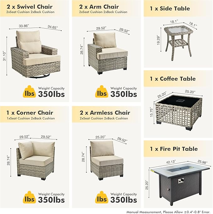 HOOOWOOO Outdoor Sectional Patio Furniture Set with Fire Pit Table,10 Pieces Wicker Conversation Sets L Shaped Couch,Extra Deep Out Door Sofa Outside Furniture with Swivel Rocking Chairs,Beige