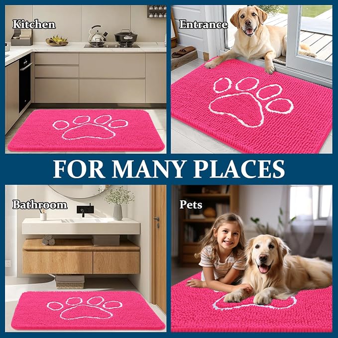 OLANLY Dog Door Mat for Muddy Paws 36x24, Paw Print Design, Absorbs Moisture and Dirt, Absorbent Non-Slip Washable Doormat, Quick Dry Chenille Mud Mat for Dogs, Entry Indoor Entryway Carpet, Hot Pink - Image 8