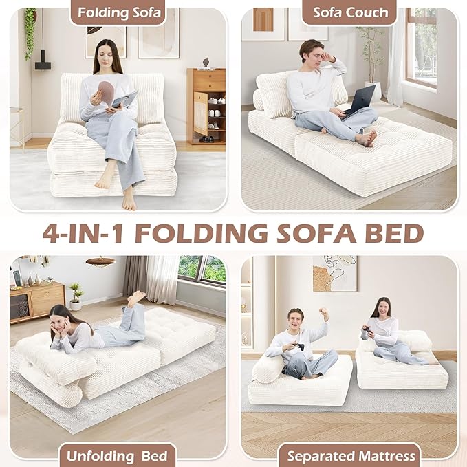Folding Sofa Bed, Convertible Sleeper Chair with Pillow & Handle, Foldable Mattress Futon Chair Bed Lounge with Back Support, Comfy Floor Sofa for Living Room Bedroom, Beige, Single
