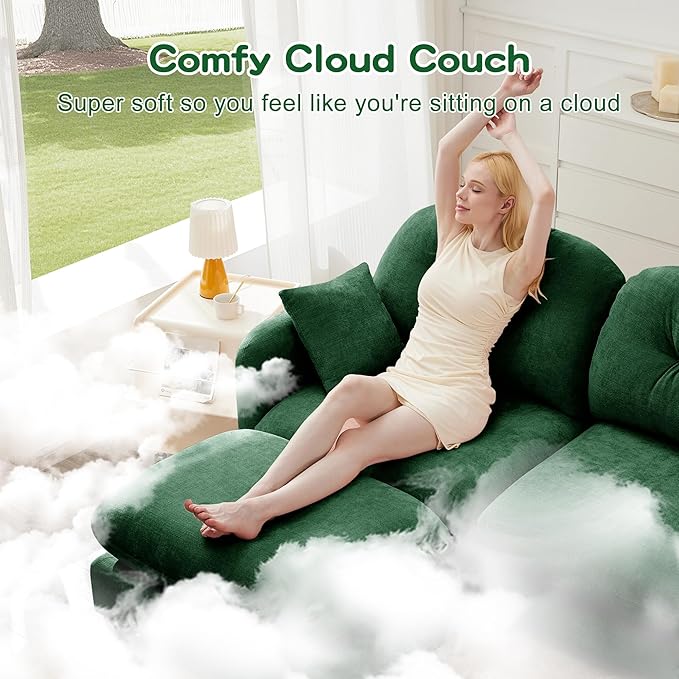 KEIKI 74" L-Shaped Oversized Chenille Modular Sectional Loveseat Sofa with 1 Ottoman, High-Density Foam Cushions, Tufted Pleated Cushion Backrest, 2-Seater Couch with 2 Pillow, for Living Room, Green
