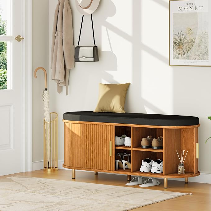 DHH 2-Tier Storage Bench,Wide Shoe Bench with Thickened Padded Seat Cushion, Mid Century Modern Fluted Sliding Door and Adjustable Shelf, for Entryway, Living Room, Bedroom (Yellow Walnut, 43.3“) - Image 9