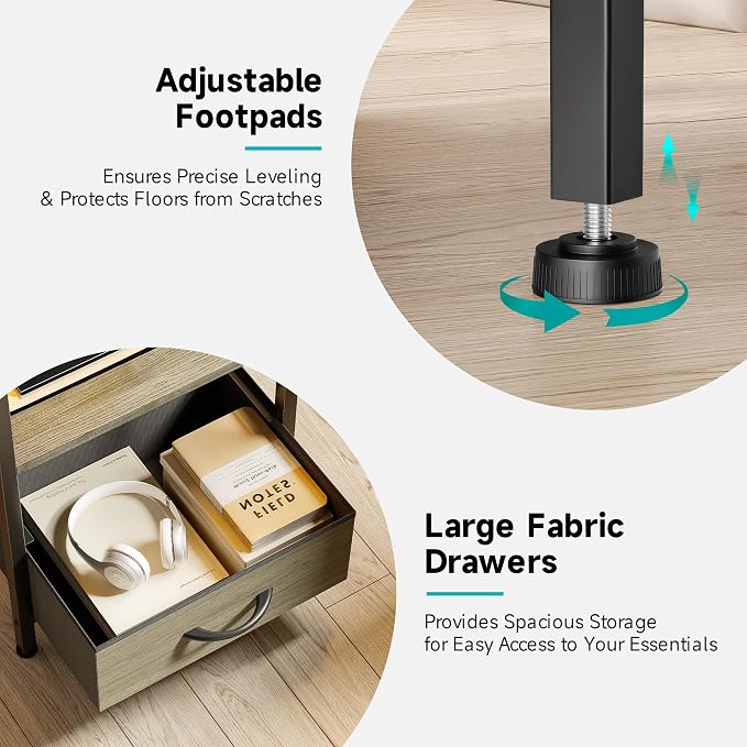 Lazzanto Grey NightStand with Charging Station - Morden Nightstand with USB Ports & AC Outlets, Grey End Table with Storage Shelf & 4 Fabric Drawers, LED Light Strip - Image 7