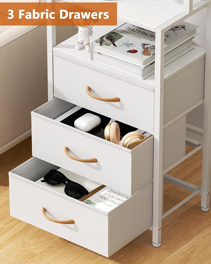 Furnulem Night Stand, White Bedside Nightstand with 4-Tier Shelves and 3 Fabric Drawers, LED Bed Side Tables with Charging Station, Tall Dresser for Bedroom, Hallway, Office - Image 8
