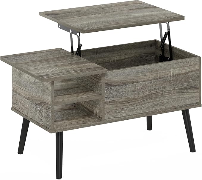Furinno Jensen Wooden Leg Lift Top Coffee Table with Hidden Compartment and Side Open Storage Shelf for Living Room, French Oak Grey
