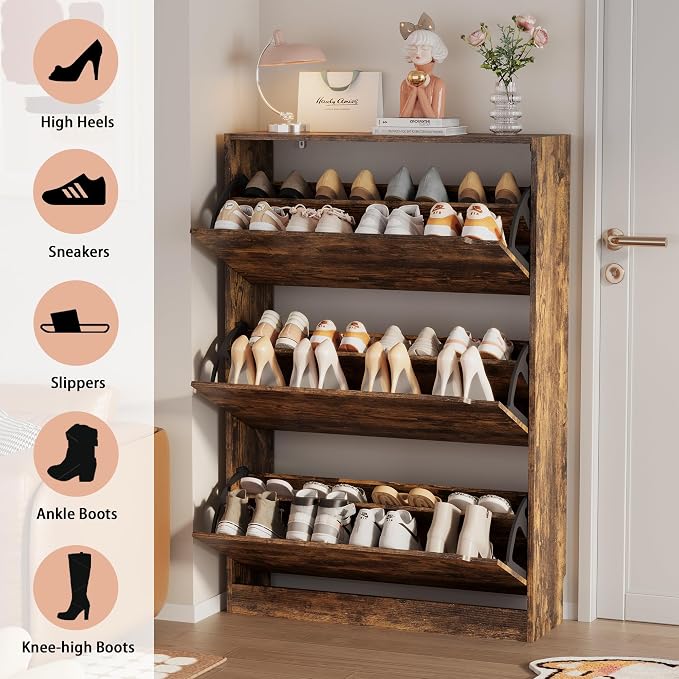 Shoe Storage Cabinet, Wood Shoe Organizer for Entryway with 3 Flip Drawers, Freestanding Shoe Rack w/h Adjustable Shelf,Narrow Shoe Dresser for Front Door Entrance(Brown, 47.2" x 31.5" x 9.25") - Image 7