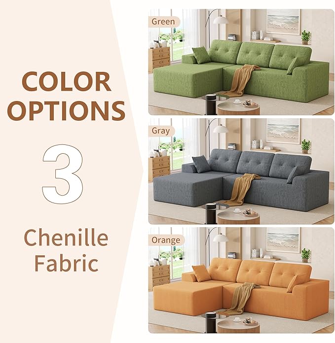 Ball & Cast 106" Modular Sectional Sofa,Cloud Chenille Couch with Deep Seat,Boneless L-Shaped Sectional,Modern Comfort Upholstered Sofa for Living Room,No Assembly Required (Green, Left Facing Chaise)