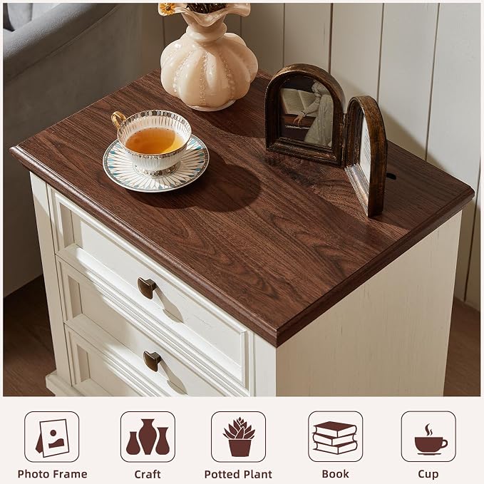 SAVOR LIFE Farmhouse Nightstand with 3 Drawers, Rustic Couch End Table with 4 Square Solid Wood Legs, Mid-Century Modern Bed Side Table with Storage, Small Dresser for Bedroom, Living Room, White - Image 8